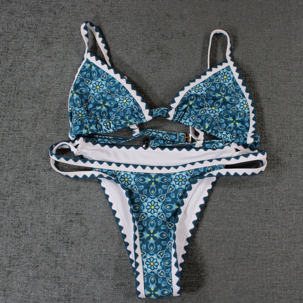 Blue Floral Mandala Ric Rac Trim Triangle Bikini Set High Cut Two Piece Swimsuit